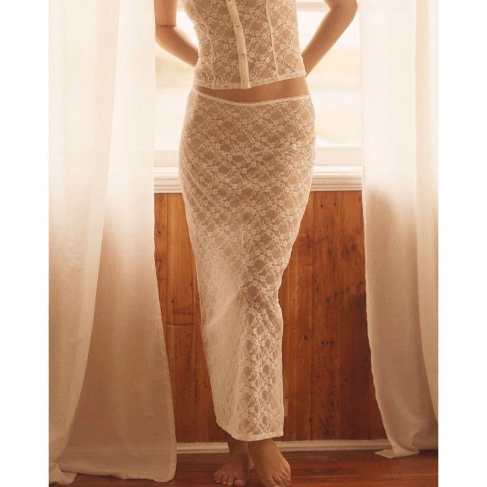 LyreBird Sheer Ivory Floral Lace Maxi Skirt Women's Size Large Boho Romantic